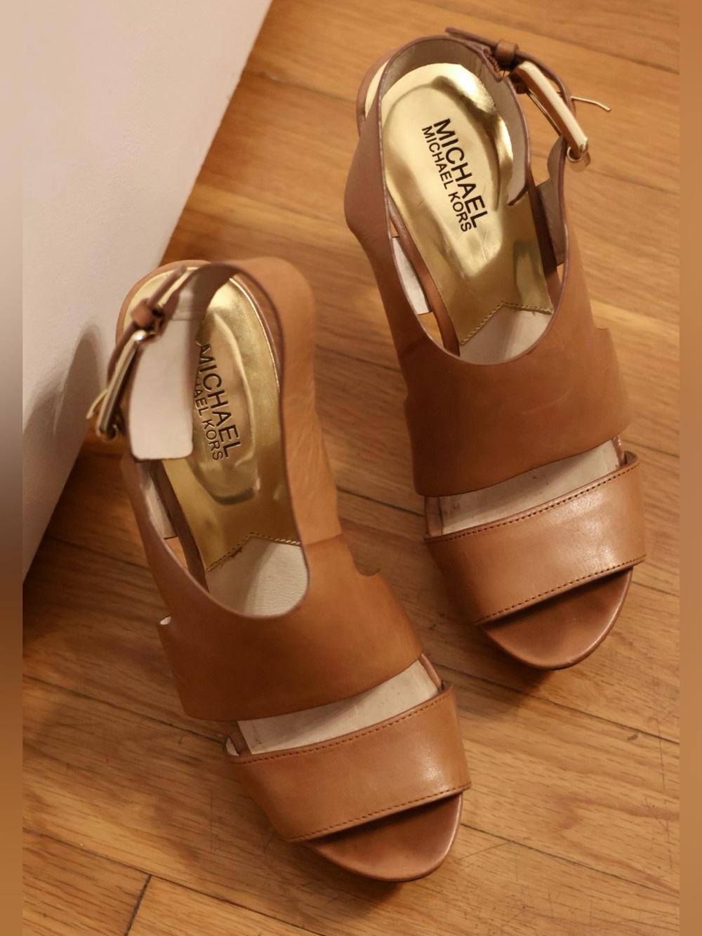 MICHAEL Michael Kors Tan Leather Wedge Sandals with Gold Insole